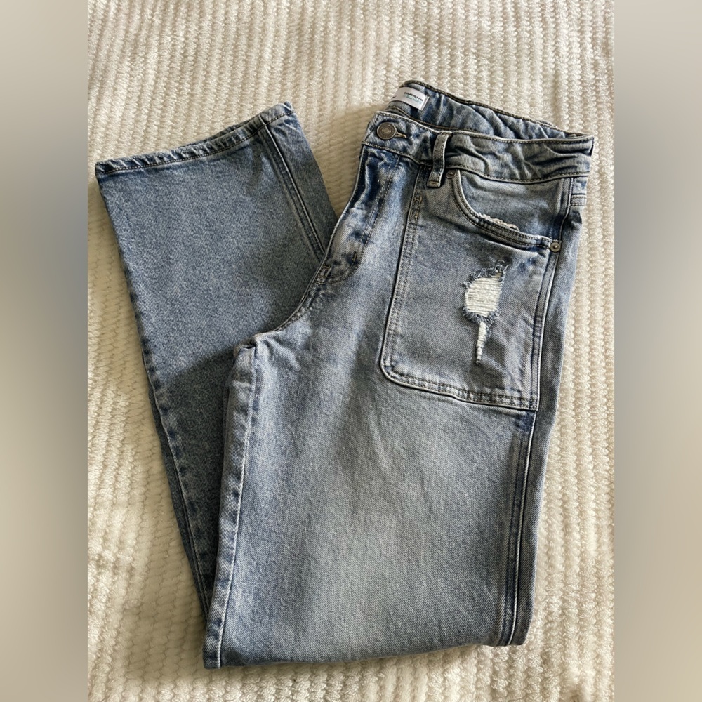 KanCan Light Sandblasted High Rise Porkchop Pocket Straight Jean